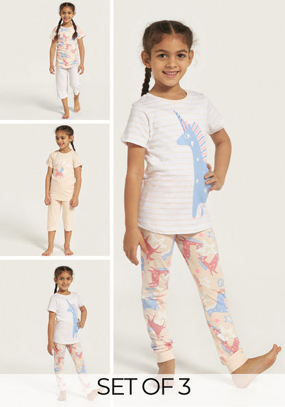 Juniors Unicorn Print T-shirt and Pyjamas - Set of 3-Pyjama Sets-image-0