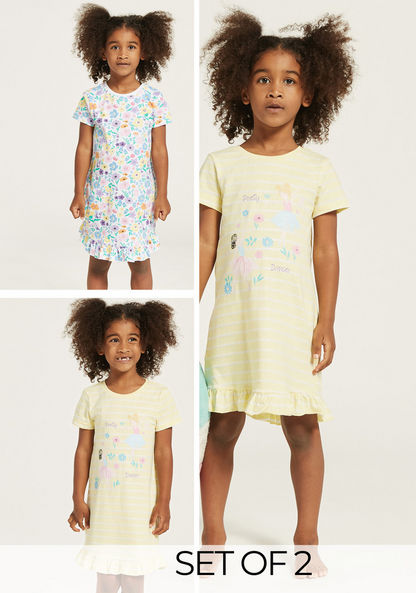 Juniors Floral Print Night Dress with Short Sleeves - Set of 2-Nightwear-image-0