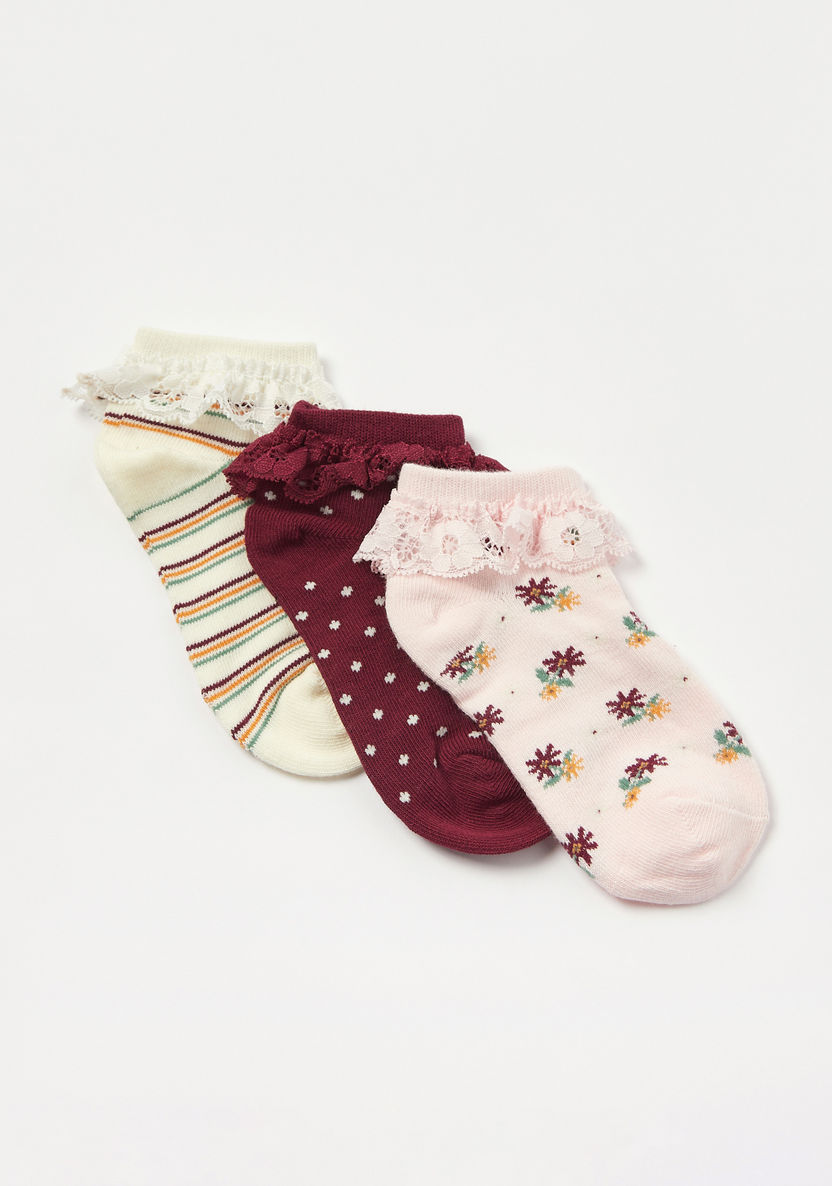 Juniors Printed Ankle Length Socks with Frill Detail - Set of 3-Socks-image-1
