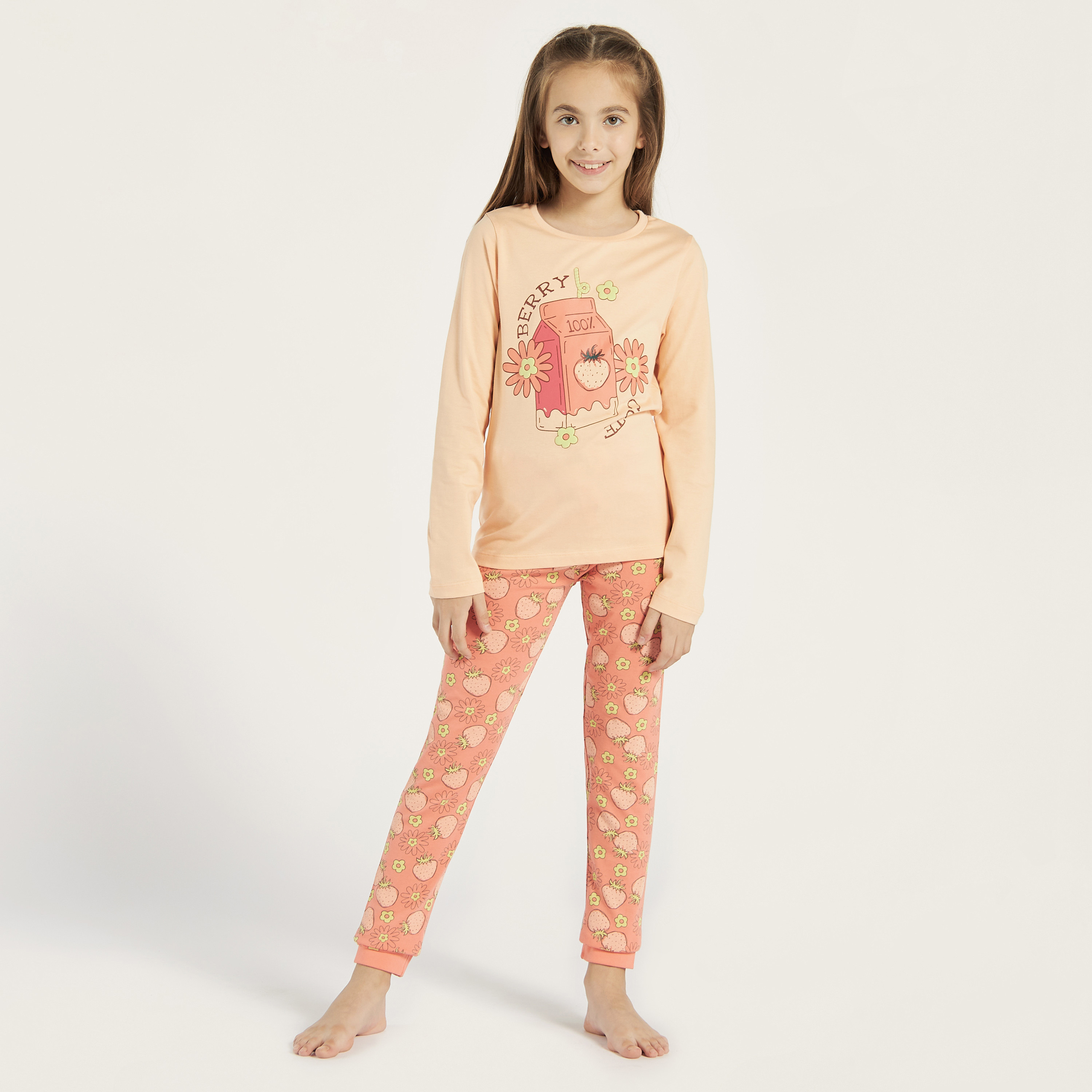 Juniors Floral Print Long Sleeves T-shirt and Pyjama Set-girls-clothing-nightwear-image-1