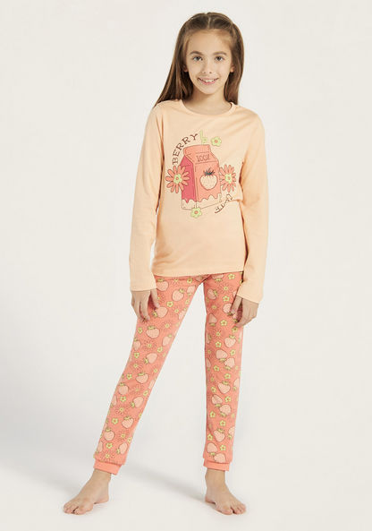 Juniors Floral Print Long Sleeves T-shirt and Pyjama Set-Nightwear-image-0