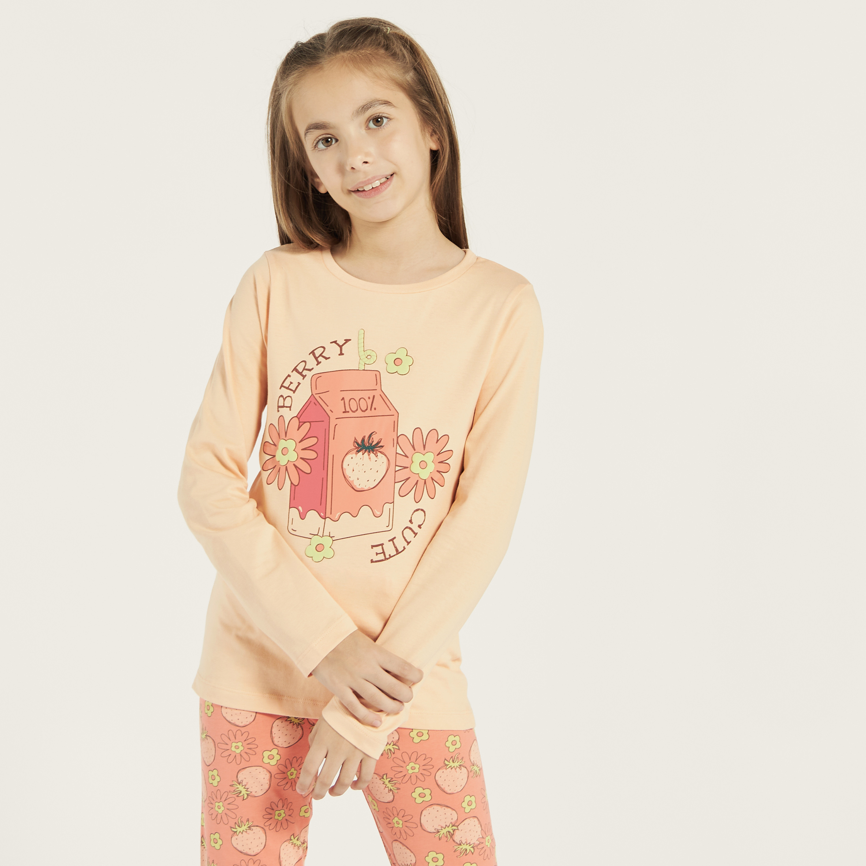 Juniors Floral Print Long Sleeves T-shirt and Pyjama Set-girls-clothing-nightwear-image-2