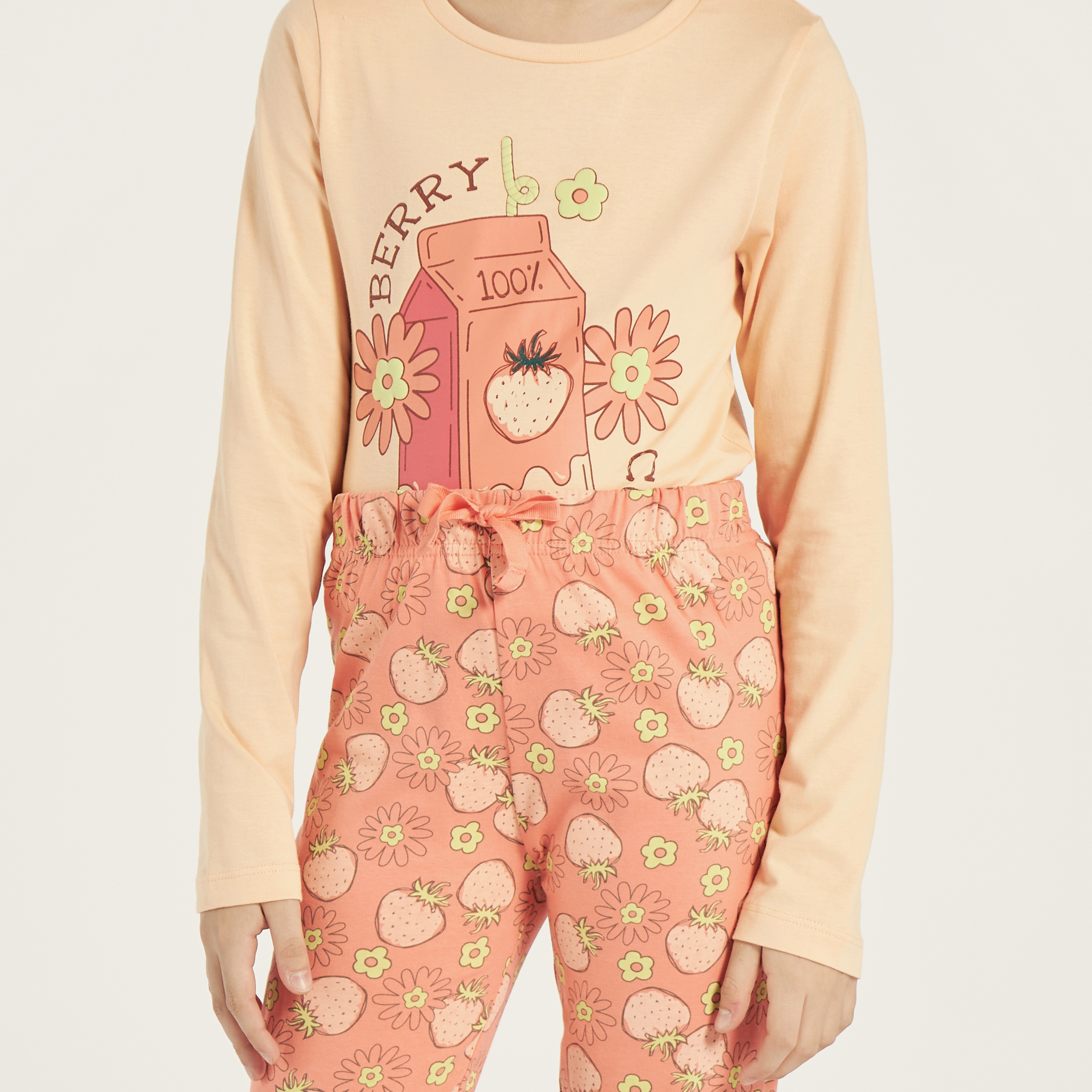 Juniors Floral Print Long Sleeves T-shirt and Pyjama Set-girls-clothing-nightwear-image-4