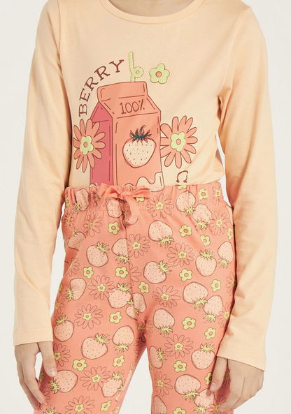 Juniors Floral Print Long Sleeves T-shirt and Pyjama Set-Nightwear-image-3