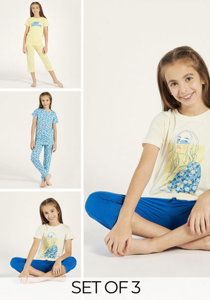 Juniors Printed T-shirts and Pyjamas - Set of 3-Nightwear-image-0