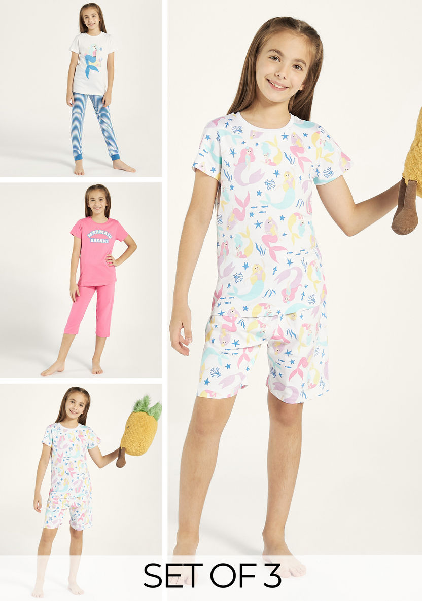 Juniors Mermaid Print T-shirt and Pyjama - Set of 3-Nightwear-image-0