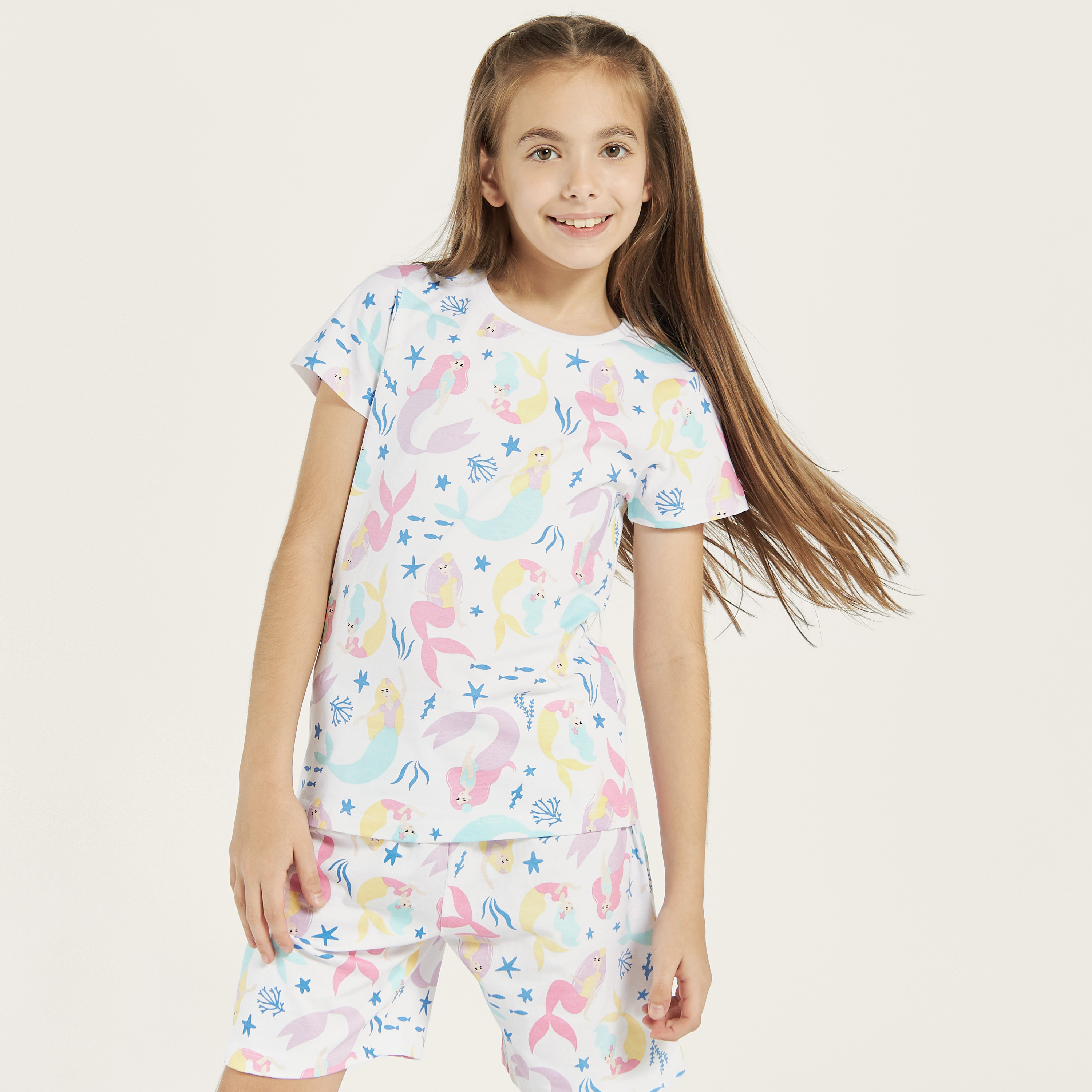 Juniors Mermaid Print T-shirt and Pyjama - Set of 3-girls-clothing-nightwear-image-3