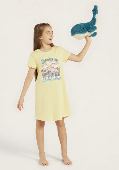 Juniors Printed Night Dress with Round Neck and Short Sleeves-Nightwear-image-0