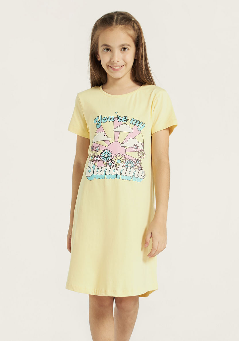 Juniors Printed Night Dress with Round Neck and Short Sleeves-Nightwear-image-1