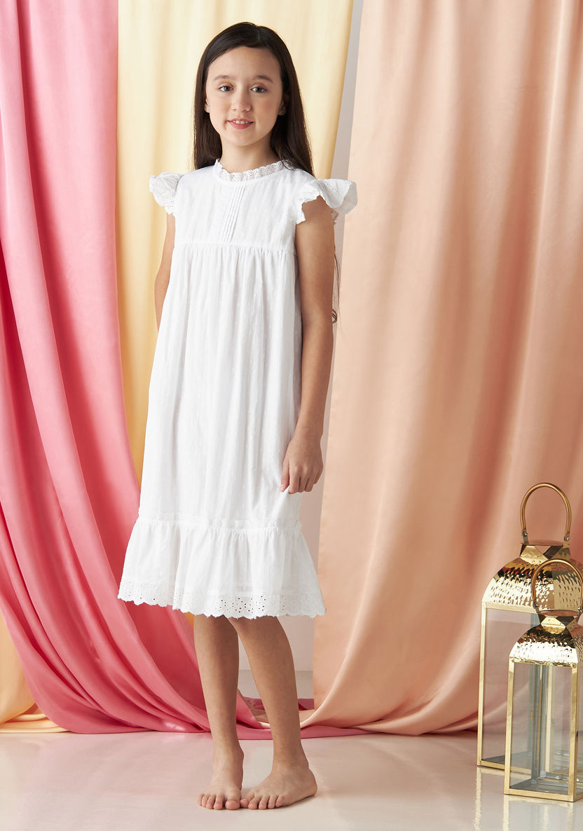 Juniors Textured Sleeveless Night Dress with Ruffles-Nightwear-image-0