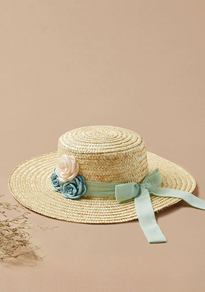 Juniors Weave Textured Hat with Floral Applique and Bow Detail-Caps-image-0
