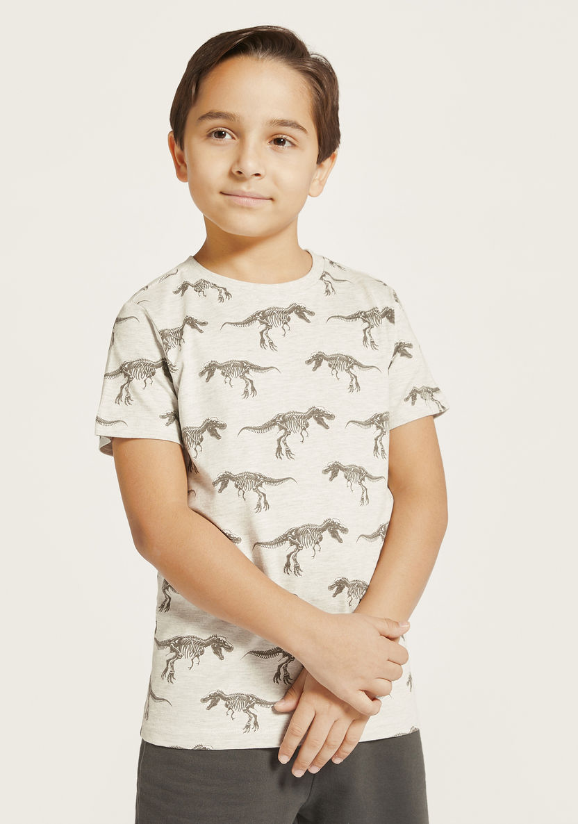 Juniors All-Over Dinosaur Print T-shirt with Short Sleeves and Crew Neck-T Shirts-image-0