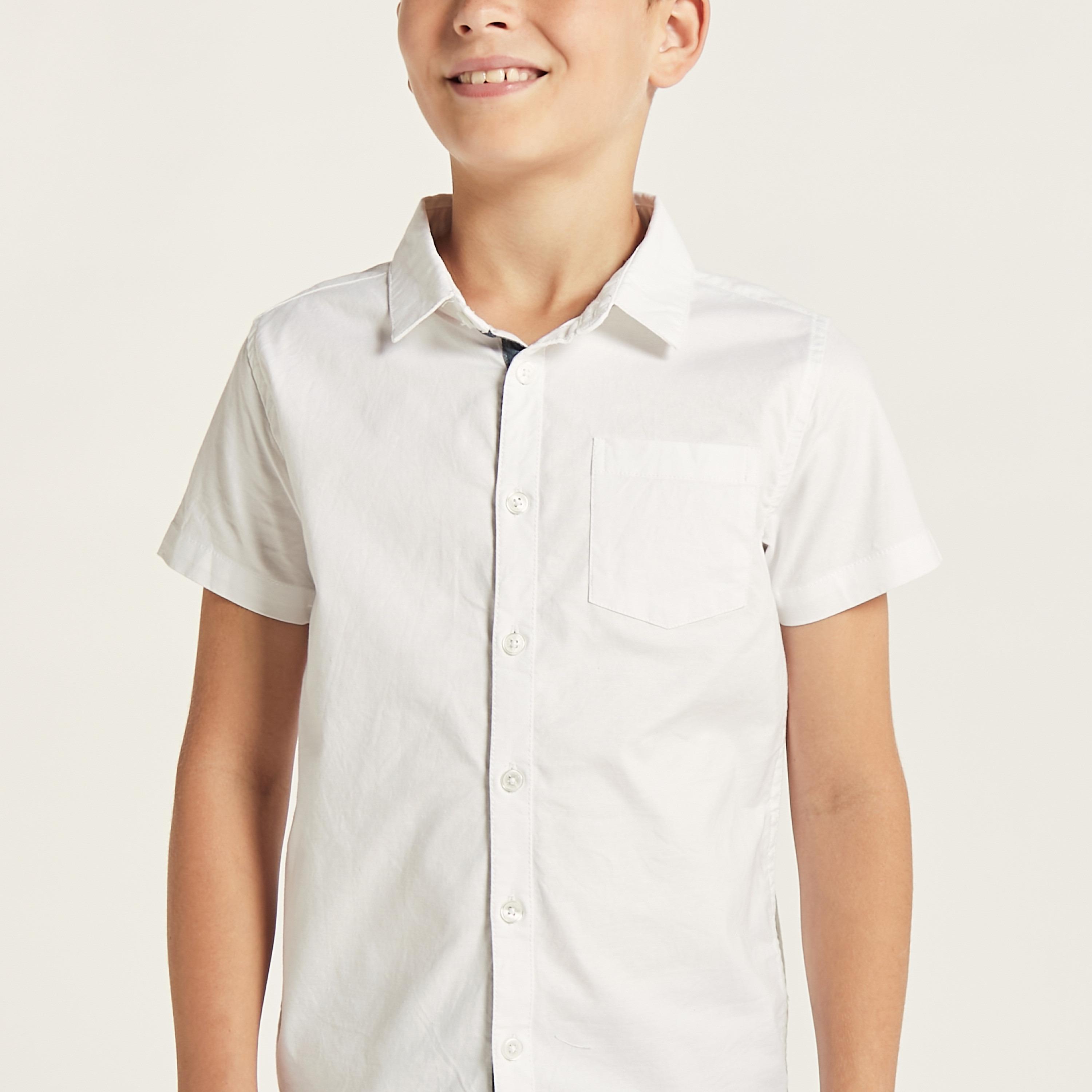 Juniors Solid Shirt with Short Sleeves and Chest Pocket-boys-clothing-shirts-image-3