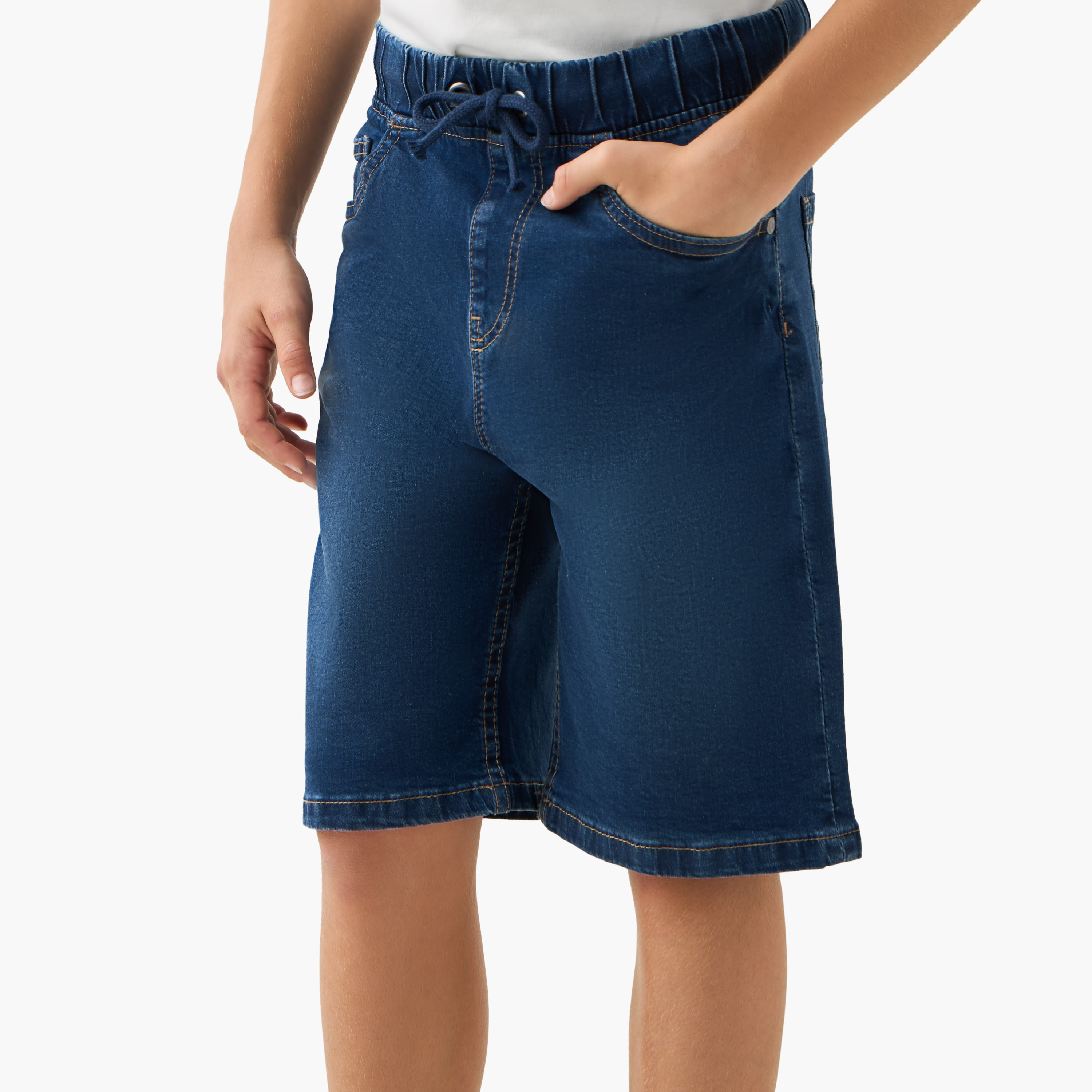 Juniors Solid Denim Shorts with Drawstring Closure and Pockets-boys-clothing-bottoms-shorts-image-1