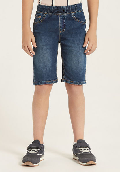 Juniors Solid Denim Shorts with Drawstring Closure and Pockets-Shorts-image-1