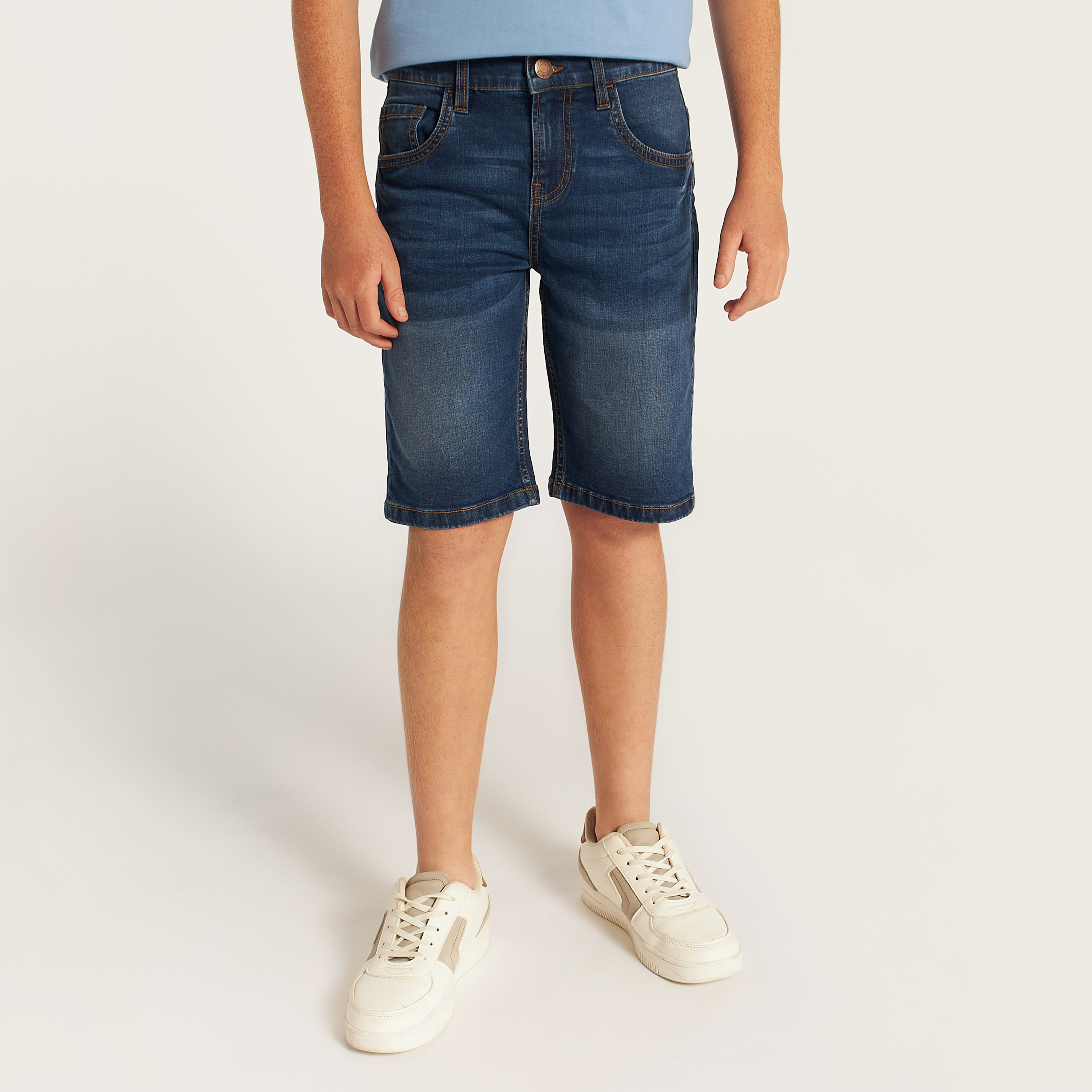 Juniors Solid Denim Shorts with Button Closure and Pockets-boys-clothing-bottoms-shorts-image-1