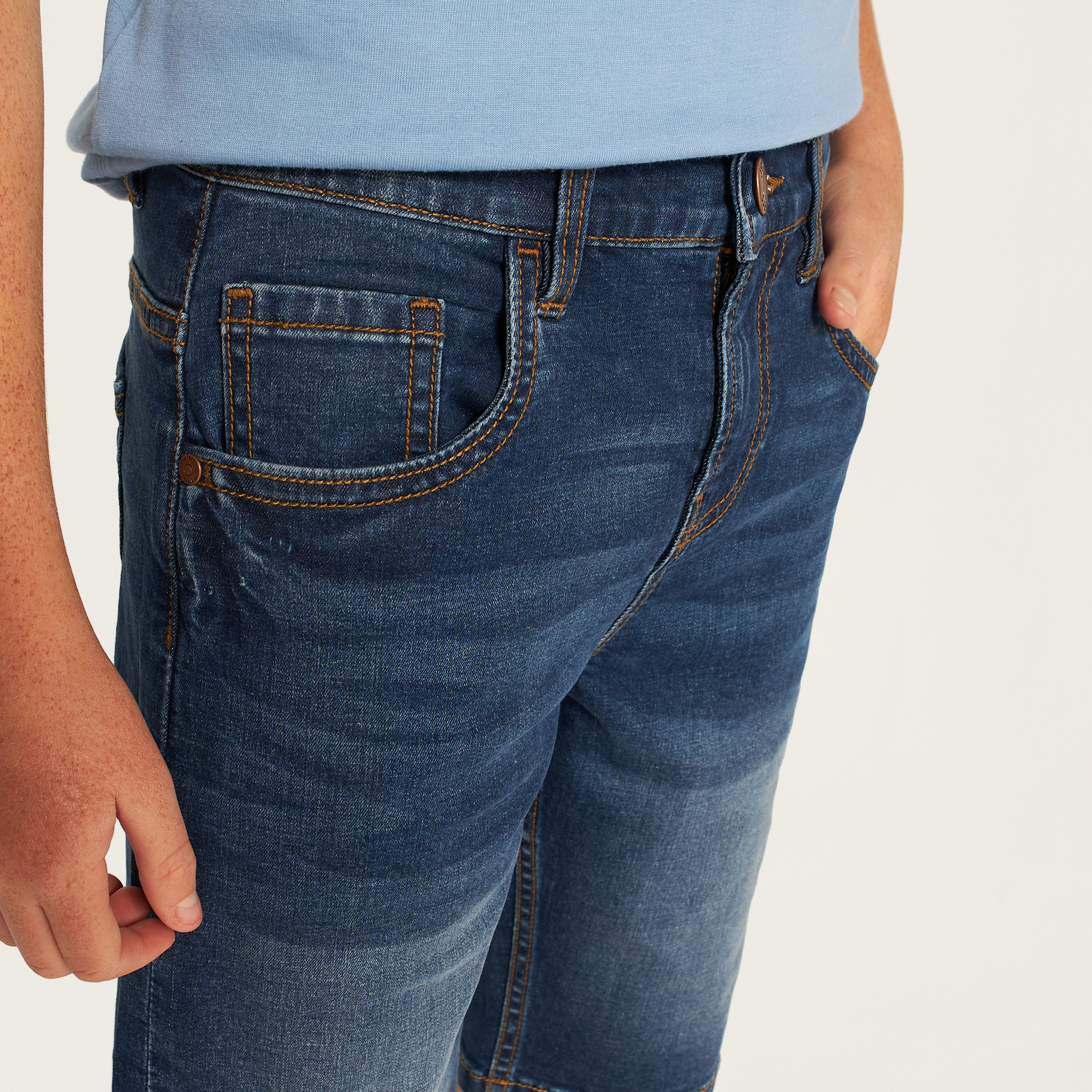 Juniors Solid Denim Shorts with Button Closure and Pockets-boys-clothing-bottoms-shorts-image-3