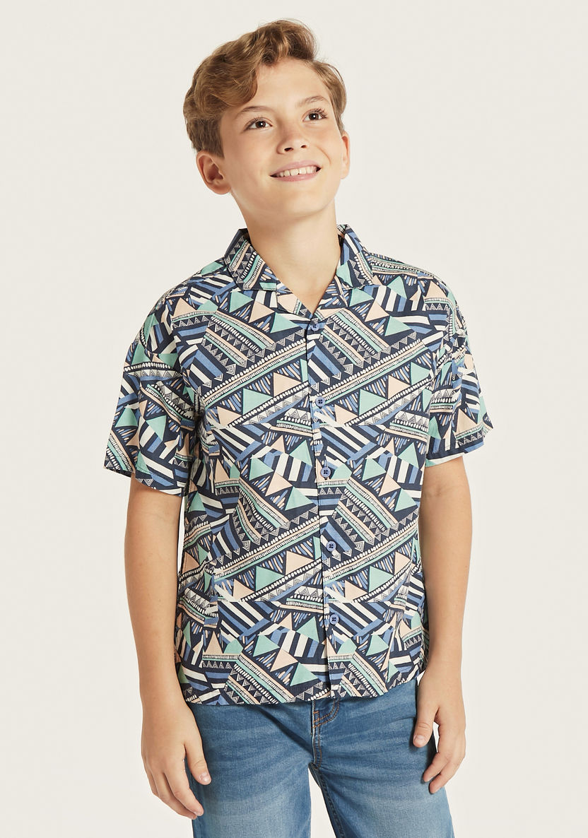 Juniors All-Over Geometric Print Shirt with Camp Collar-Shirts-image-0