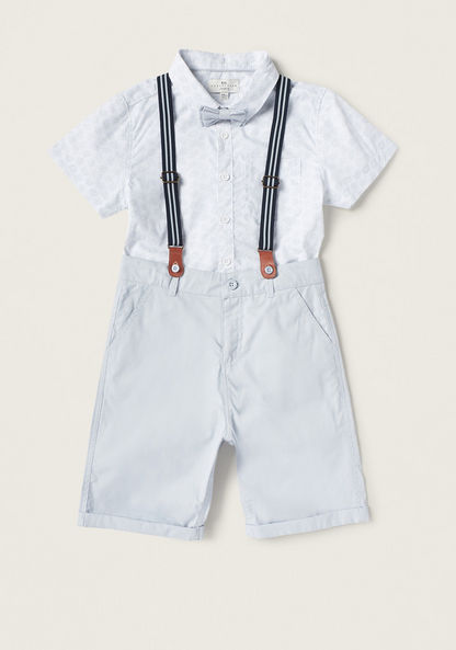 Juniors Printed Shirt and Shorts Set with Suspenders and Bow-Clothes Sets-image-0