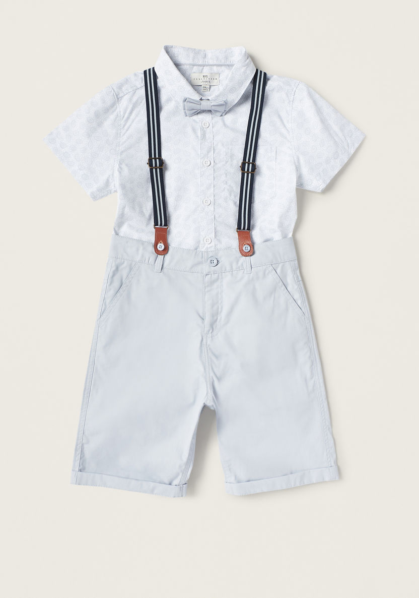 Juniors Printed Shirt and Shorts Set with Suspenders and Bow-Clothes Sets-image-0