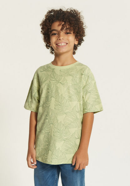 Eligo All-Over Leaf Print T-shirt with Crew Neck and Short Sleeves-T Shirts-image-0