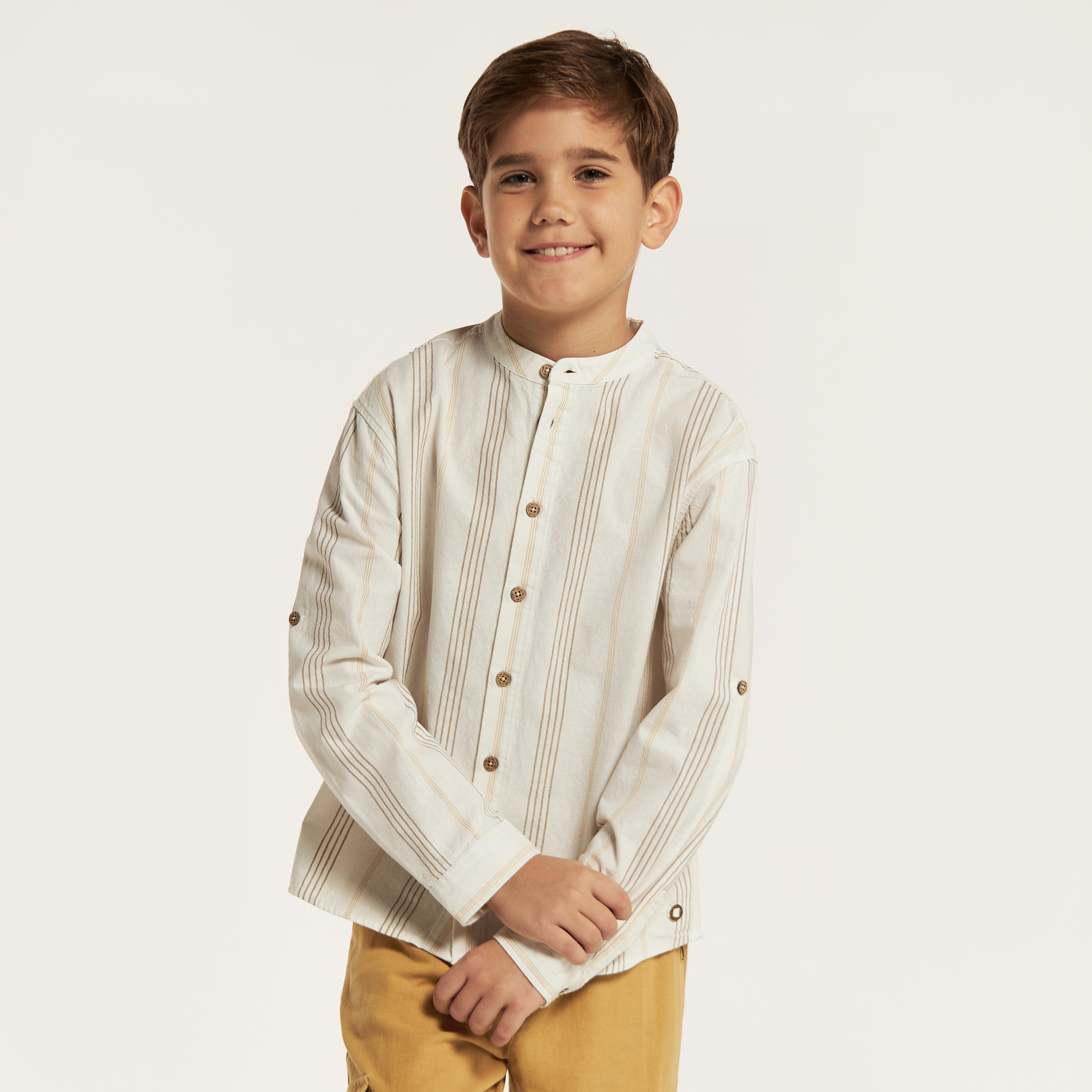 Eligo Striped Shirt with Mandarin Neck and Long Sleeves-boys-clothing-shirts-image-1