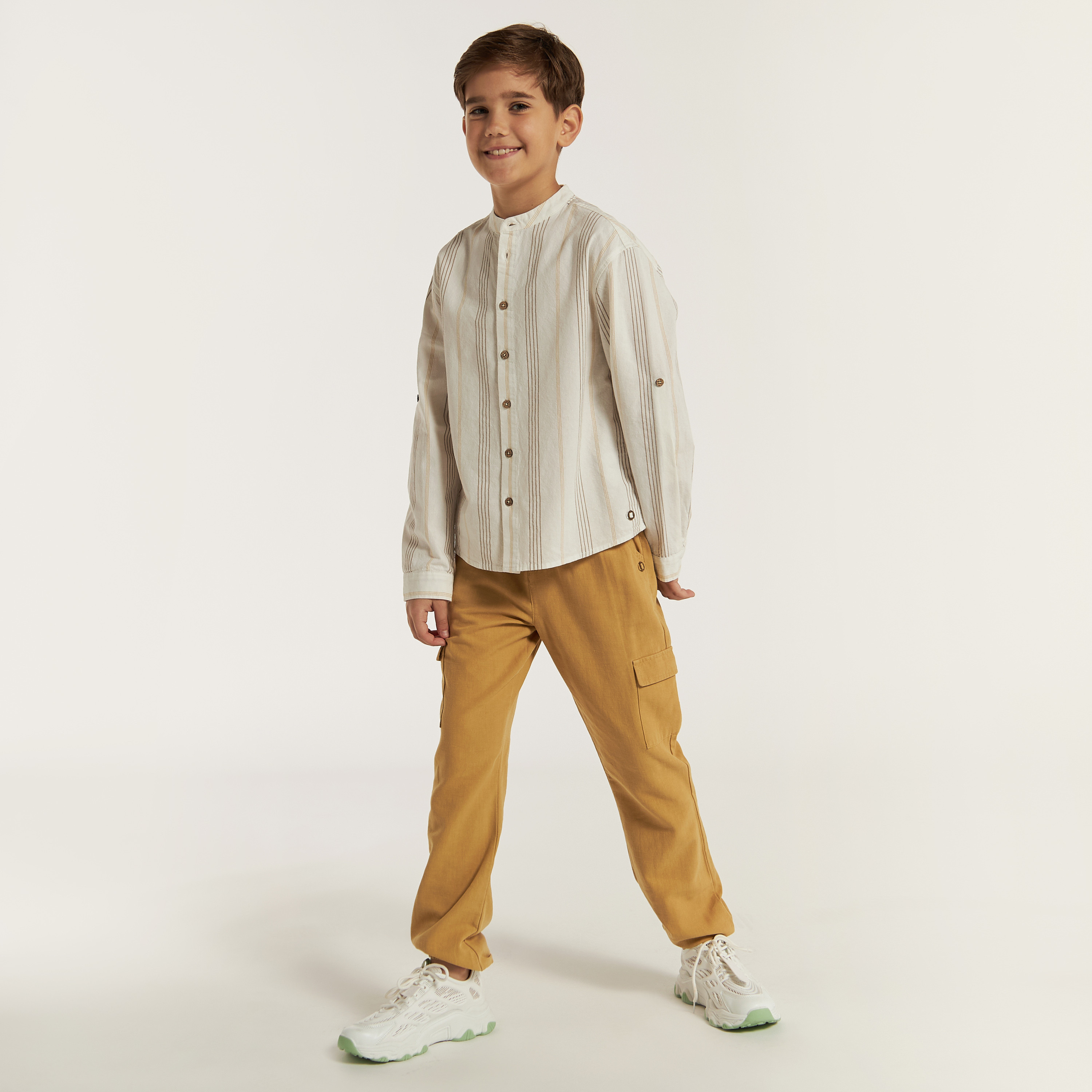 Eligo Striped Shirt with Mandarin Neck and Long Sleeves-boys-clothing-shirts-image-2