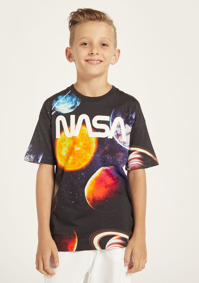 NASA All-Over Graphic Print Crew Neck T-shirt with Short Sleeves-T Shirts-image-0