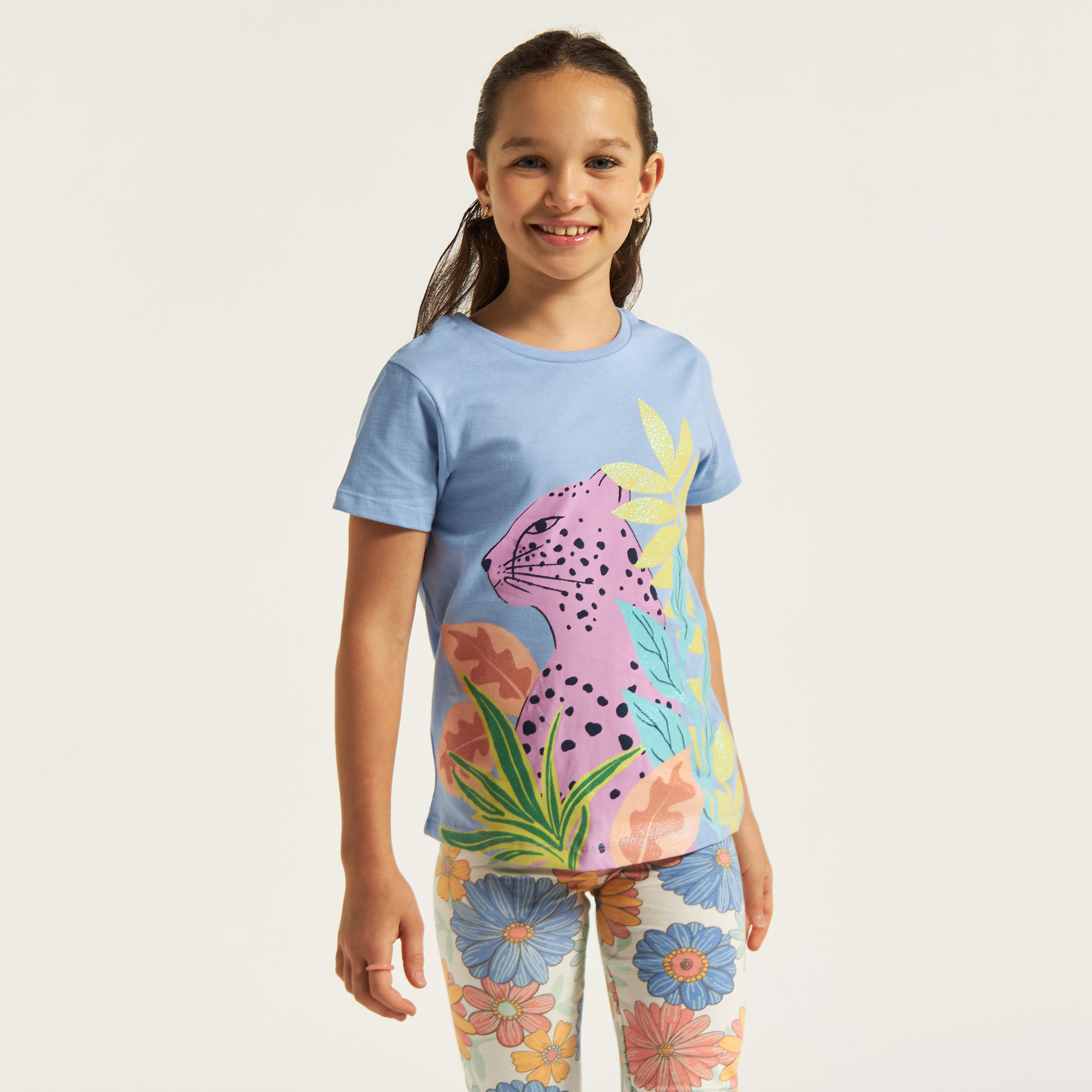 Juniors Glitter Graphic Print T-shirt with Short Sleeves and Crew Neck-girls-clothing-schoolwear-tshirts-image-1