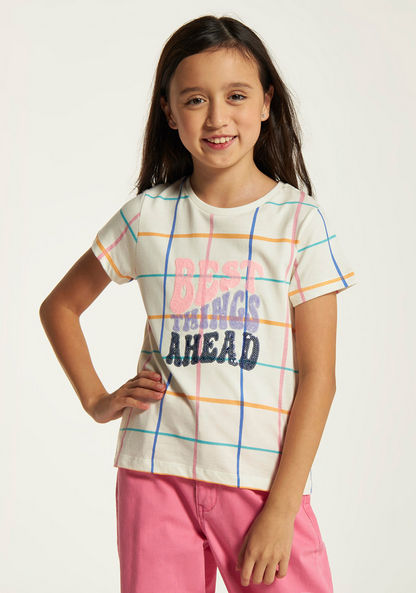 Juniors Checked T-shirt with Sequin Detail and Short Sleeves-T Shirts-image-1