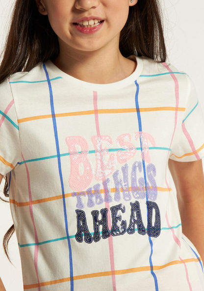 Juniors Checked T-shirt with Sequin Detail and Short Sleeves-T Shirts-image-3