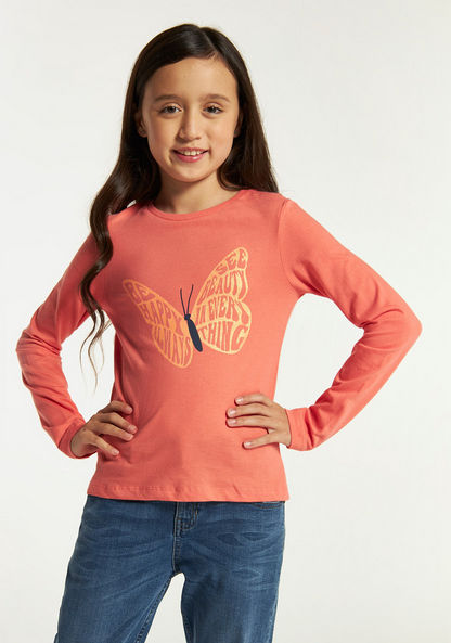 Juniors Butterfly Print T-shirt with Round Neck and Long Sleeves-T Shirts-image-0
