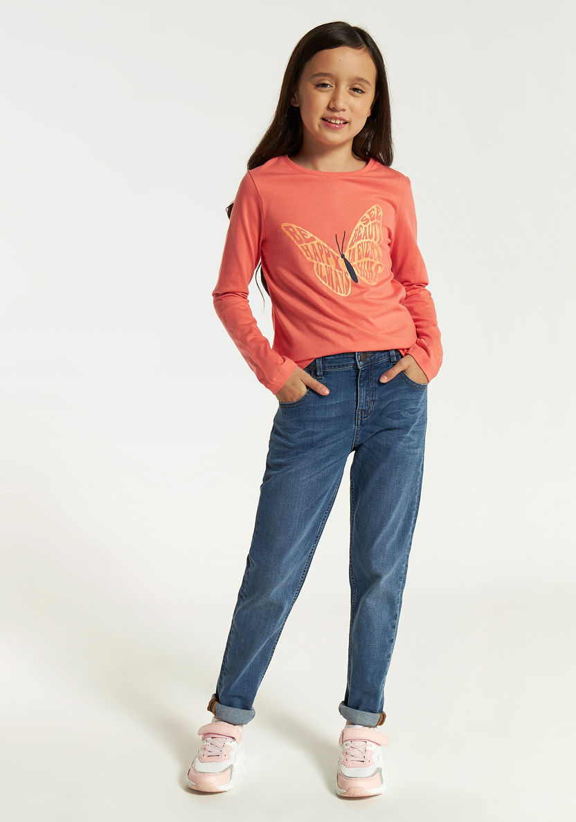 Juniors Butterfly Print T-shirt with Round Neck and Long Sleeves-T Shirts-image-1