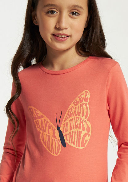 Juniors Butterfly Print T-shirt with Round Neck and Long Sleeves-T Shirts-image-2