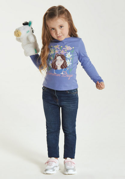 Juniors Embroidered T-shirt with Sequin Detail and Long Sleeves-T Shirts-image-0