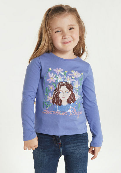 Juniors Embroidered T-shirt with Sequin Detail and Long Sleeves-T Shirts-image-1