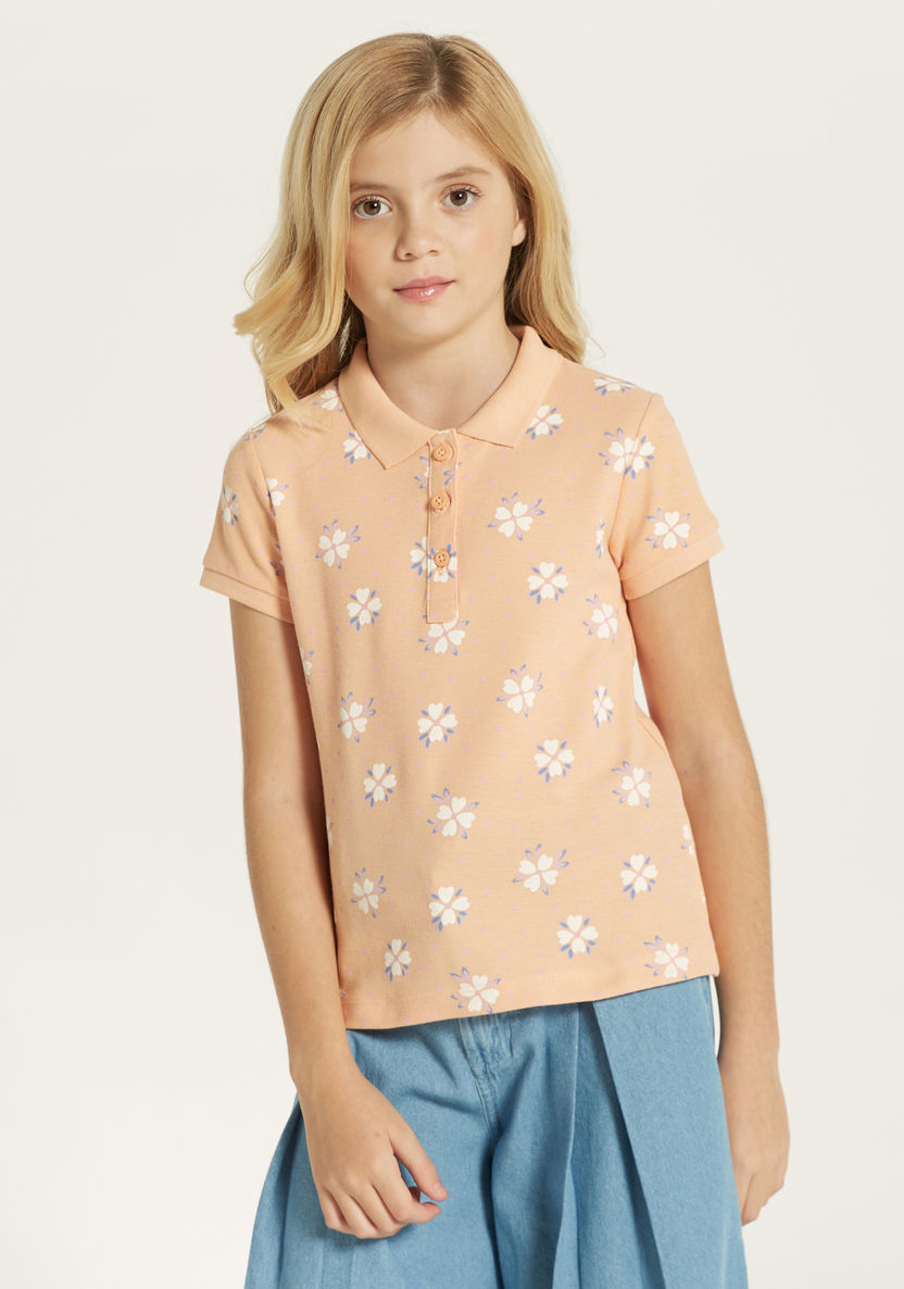 Juniors All-Over Floral Print Polo T-shirt with Short Sleeves-T Shirts-image-1