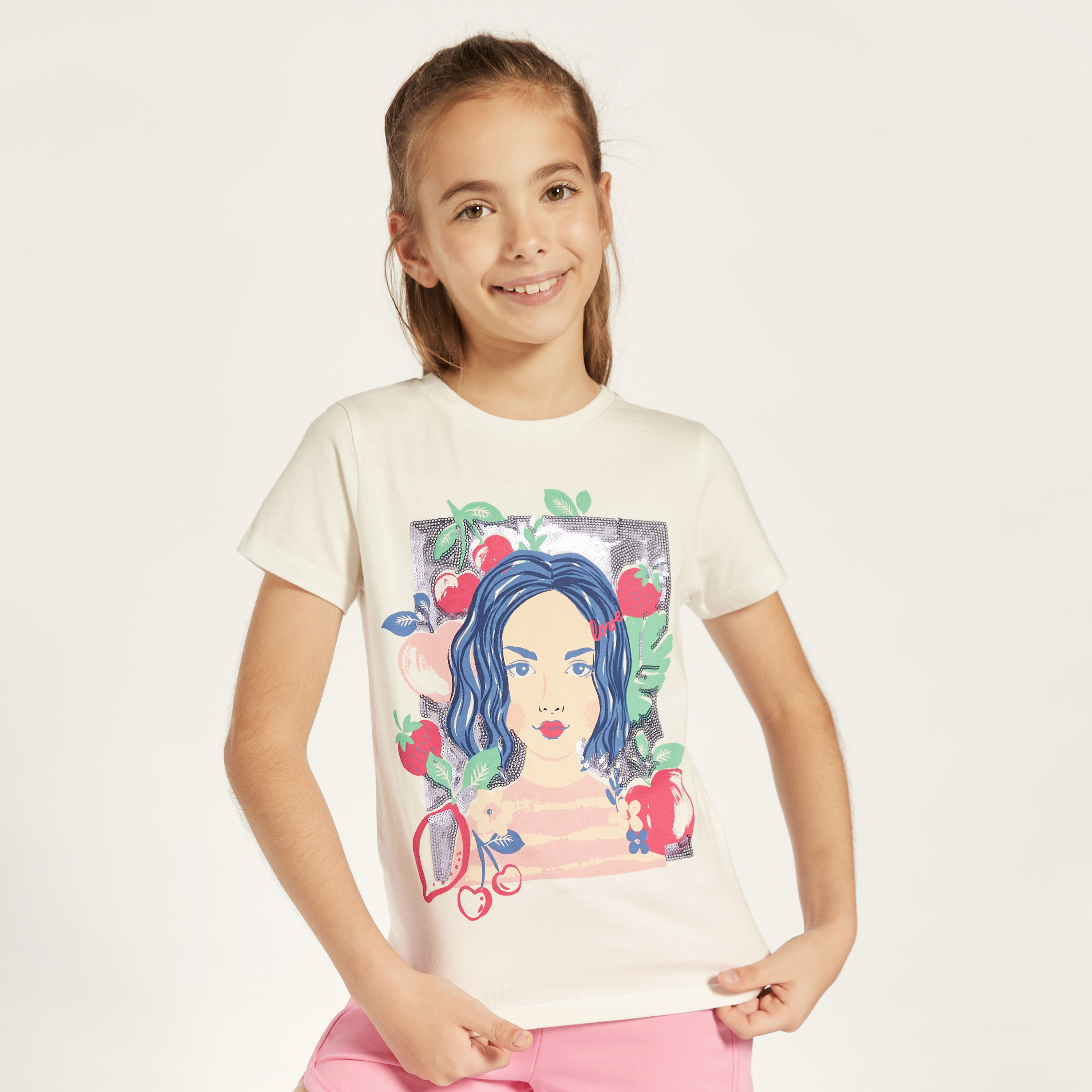 Juniors Embellished Crew Neck T-shirt with Short Sleeves-girls-clothing-schoolwear-tshirts-image-1