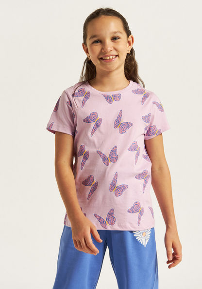 Juniors All-Over Butterfly Print Round Neck T-shirt with Short Sleeves-T Shirts-image-0