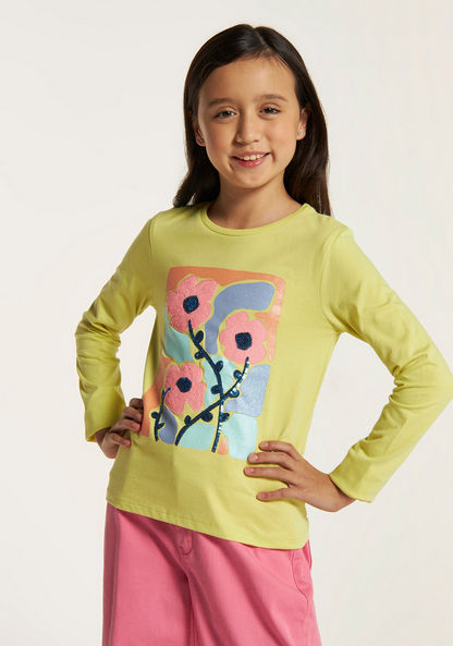 Juniors Sequinned T-shirt with Long Sleeves and Round Neck-T Shirts-image-0
