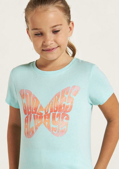 Juniors Butterfly Slogan Print T-shirt with Short Sleeves-T Shirts-image-1