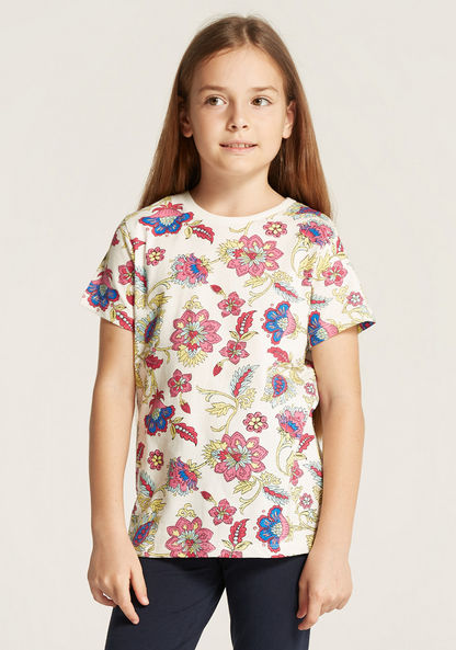 Juniors All-Over Floral Print T-shirt with Short Sleeves and Crew Neck-T Shirts-image-0