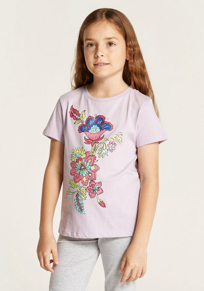 Juniors Floral Print T-shirt with Short Sleeves and Crew Neck-T Shirts-image-0