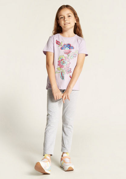 Juniors Floral Print T-shirt with Short Sleeves and Crew Neck-T Shirts-image-1