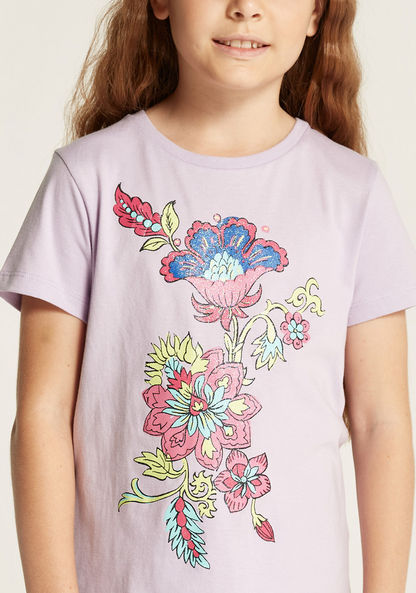 Juniors Floral Print T-shirt with Short Sleeves and Crew Neck-T Shirts-image-2