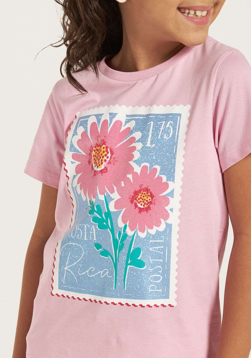 Juniors Floral Print T-shirt with Short Sleeves-T Shirts-image-2