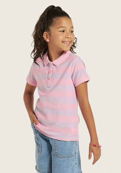 Juniors Striped Polo T-shirt with Button Closure-T Shirts-image-0