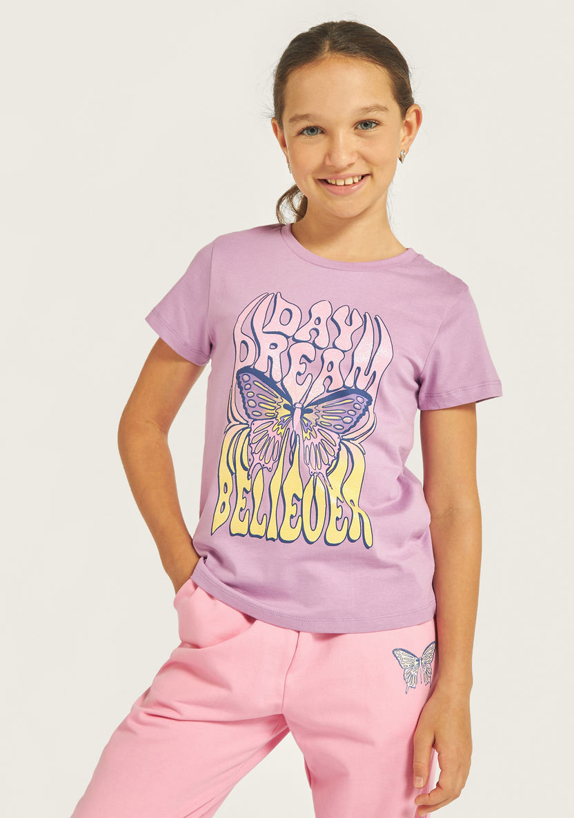 Juniors Butterfly Print T-shirt with Round Neck and Short Sleeves-T Shirts-image-1