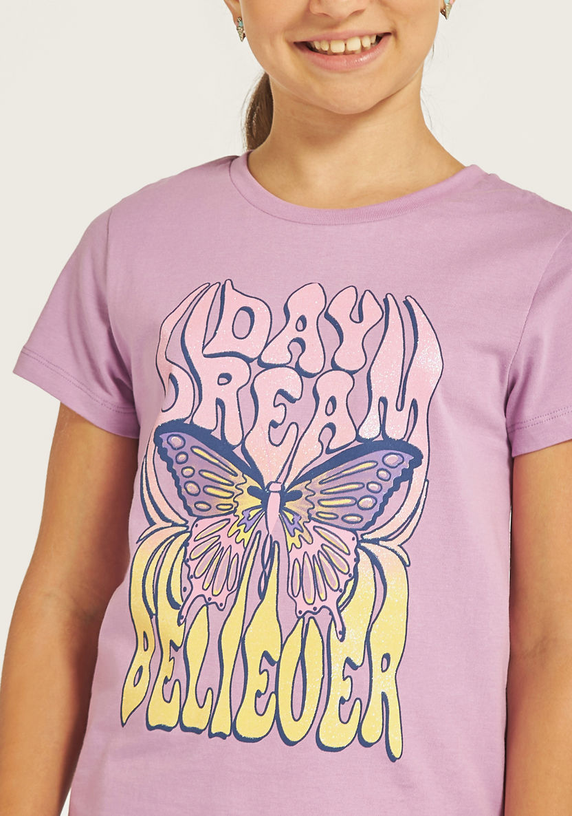 Juniors Butterfly Print T-shirt with Round Neck and Short Sleeves-T Shirts-image-4