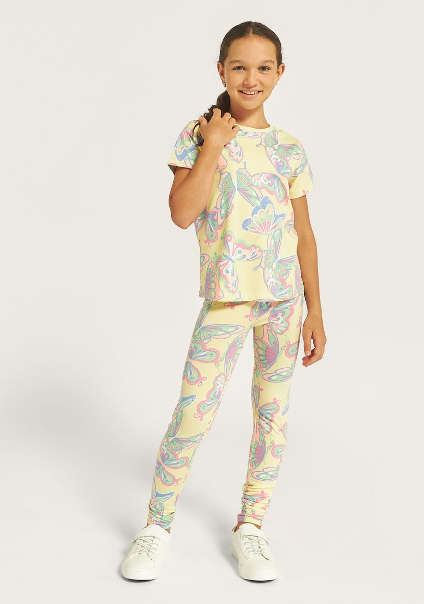 Juniors All-Over Butterfly Print T-shirt with Round Neck and Short Sleeves-T Shirts-image-1